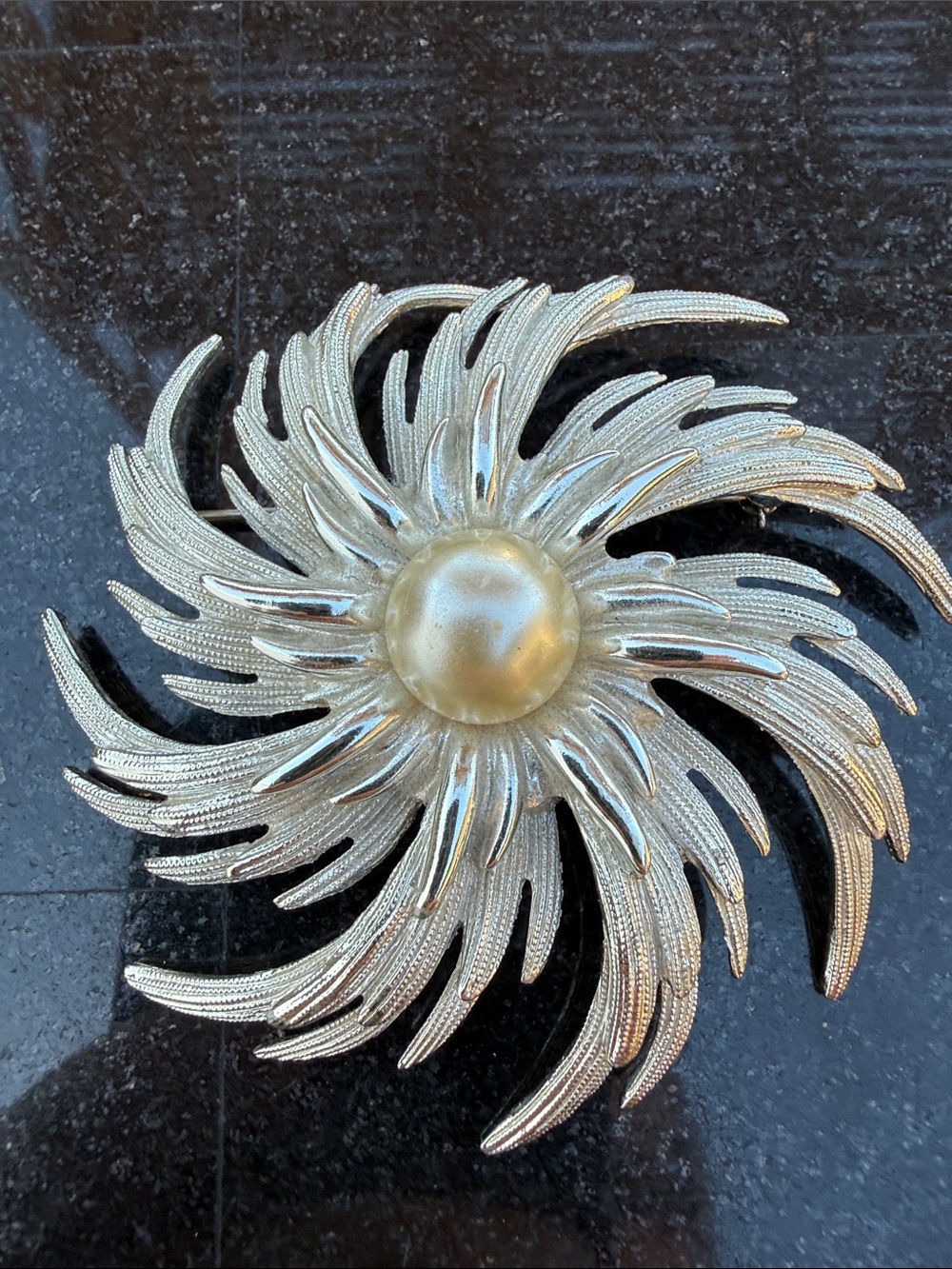 Sarah Coventry Silver Pinwheel Brooch with Faux Pearl Center